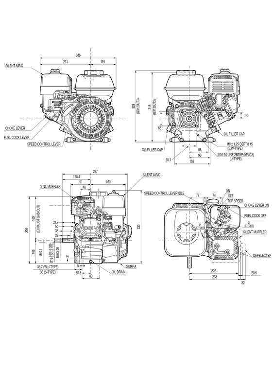 honda bensinmotor gx120 med oljevakt, 18mm horisontalaxel, 2:1 reduktion